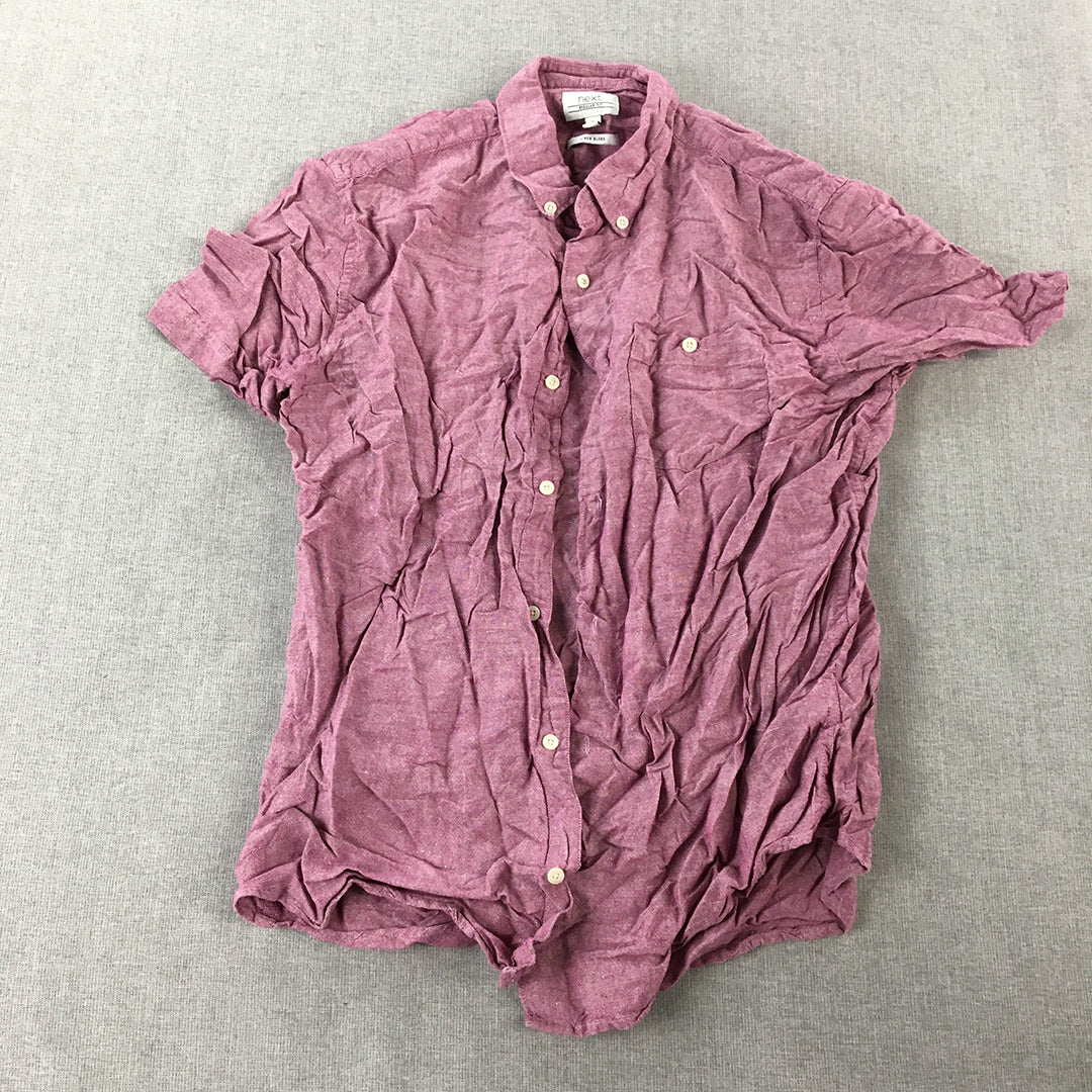 Next Mens Linen Shirt Size M Pink Short Sleeve Button-Up Collared