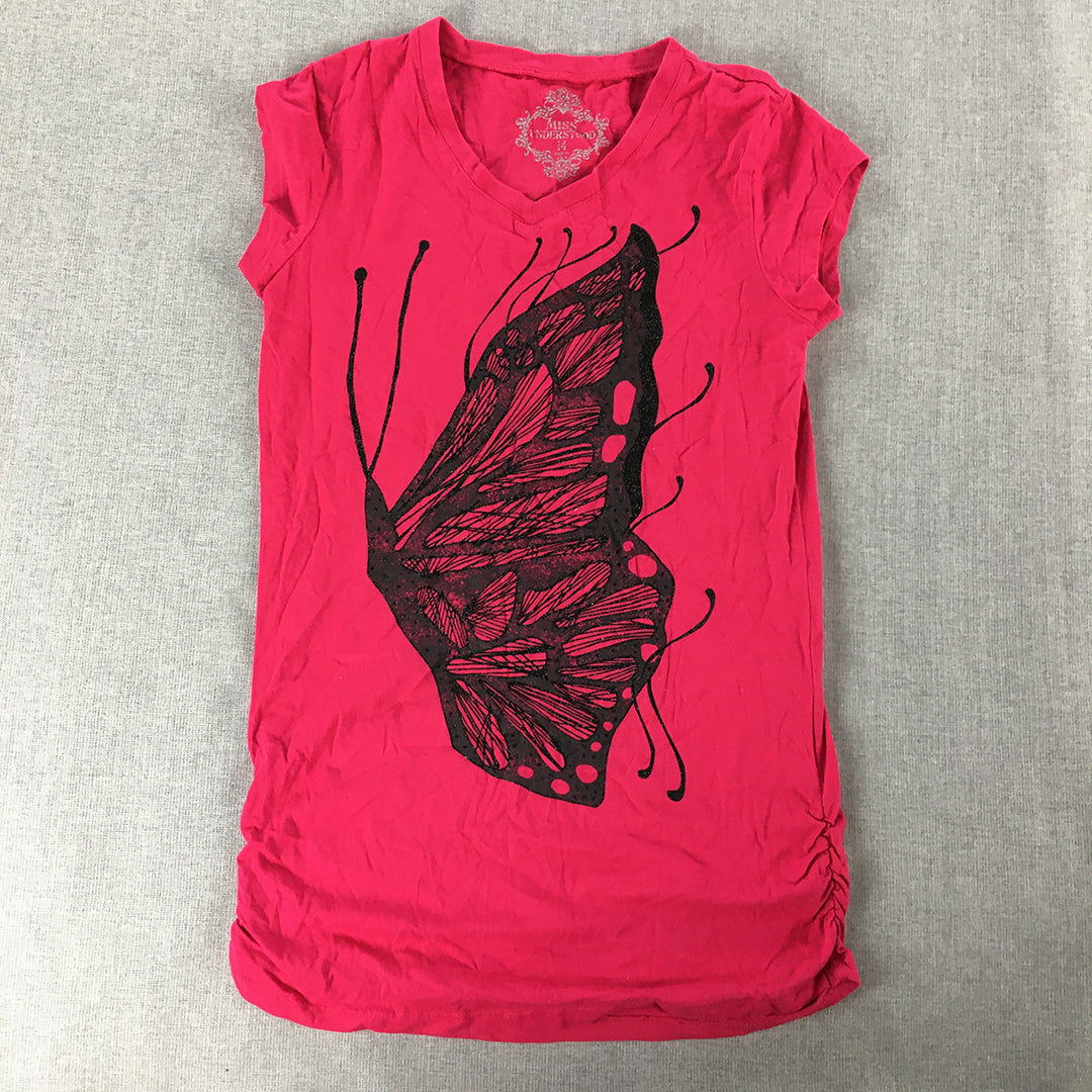 Miss Understood Kids Girls Top Size 14 Hot Pink Butterfly Short Sleeve T-Shirt