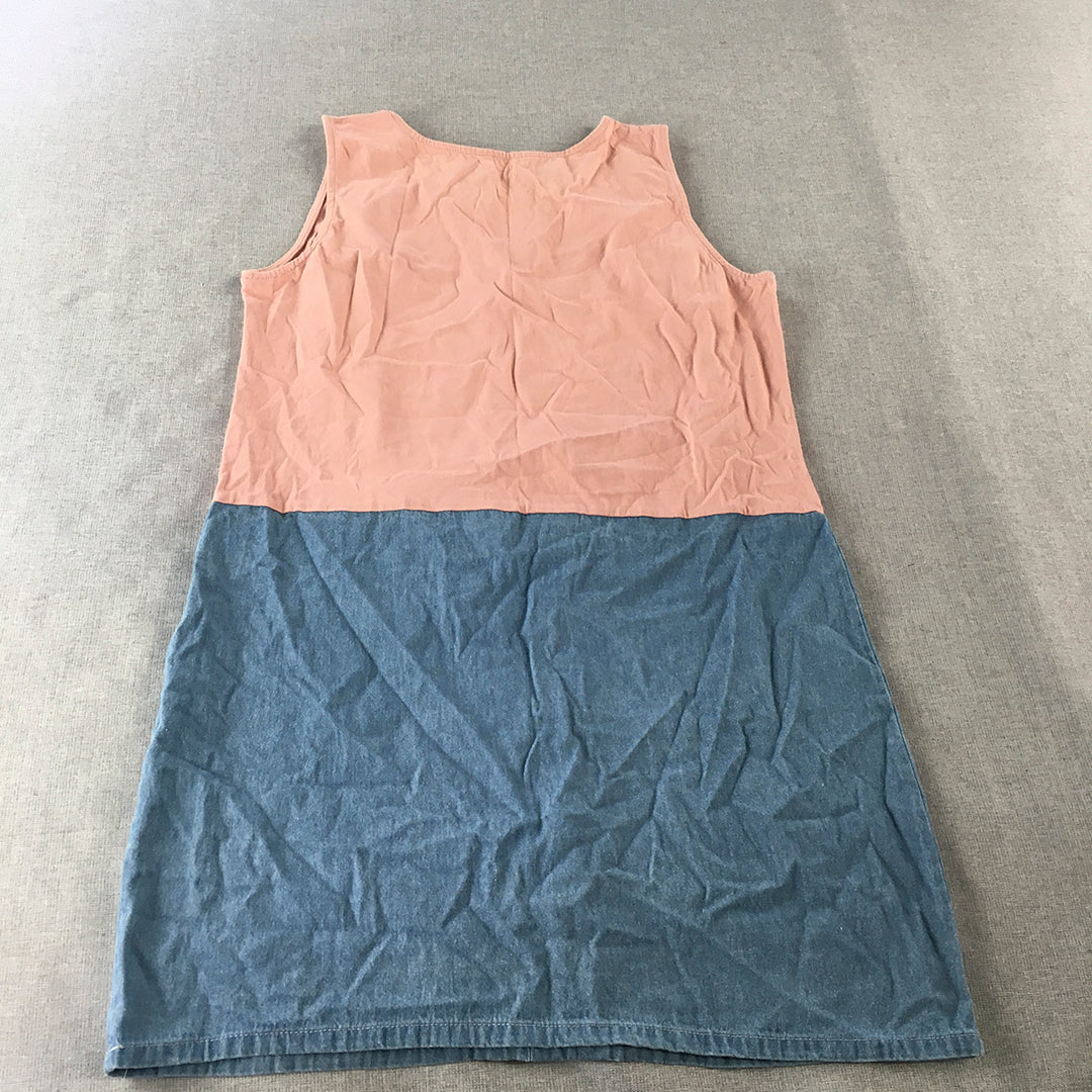 Puella Womens Denim Mini Dress Size M Blue Pink Sleeveless Button A-Line