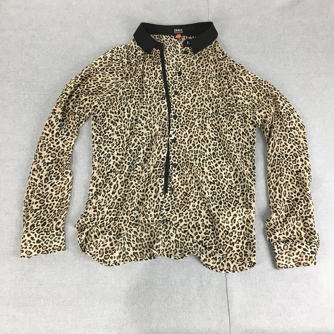 Only Womens Top Size 40 (M) Brown Leopard Print Long Sleeve Button-Up Shirt