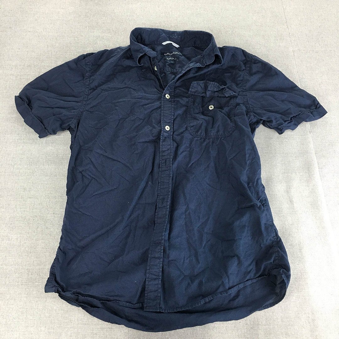 Sportscraft Mens Shirt Size S Navy Blue Button-Up Pocket Collared Short Sleeve