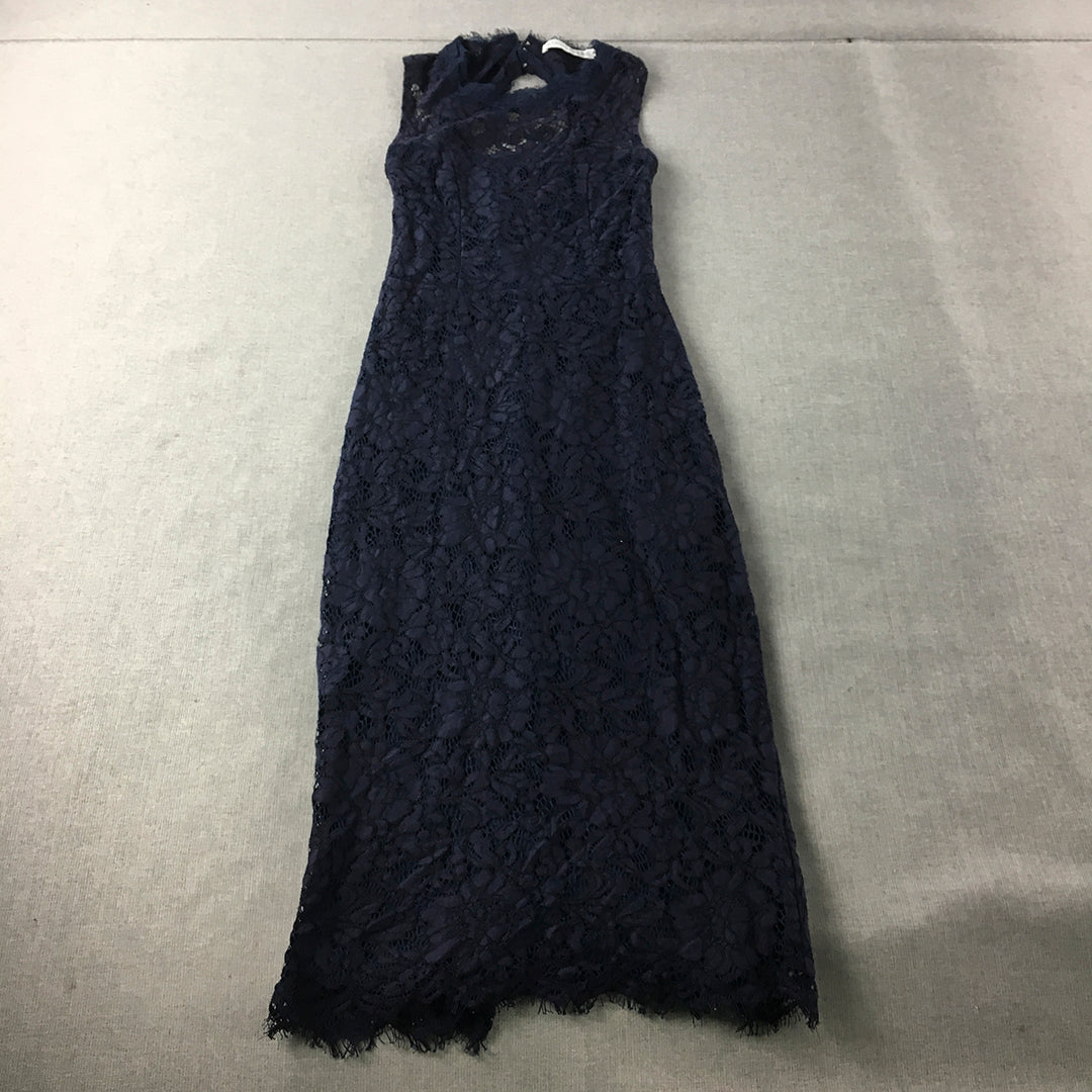 Atmos & Here Womens Evening Gown Size 6 Blue Floral Lace Midi Cocktail