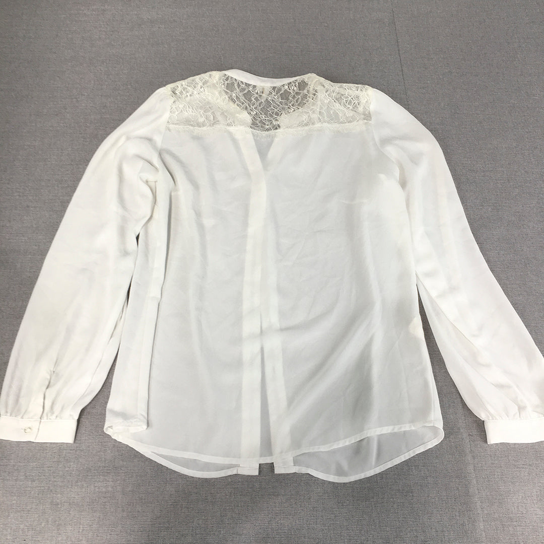 Sadie Womens Top Size 12 White Floral Lace Long Sleeve Button-Up Shirt