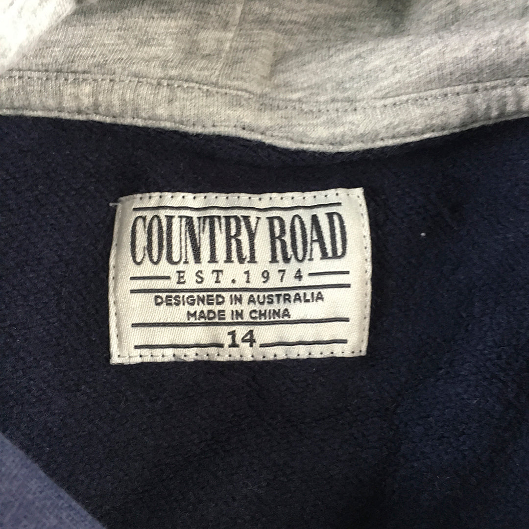 Country Road Kids Hoodie Sweater Size 14 Blue Big Embroidered Logo Jumper