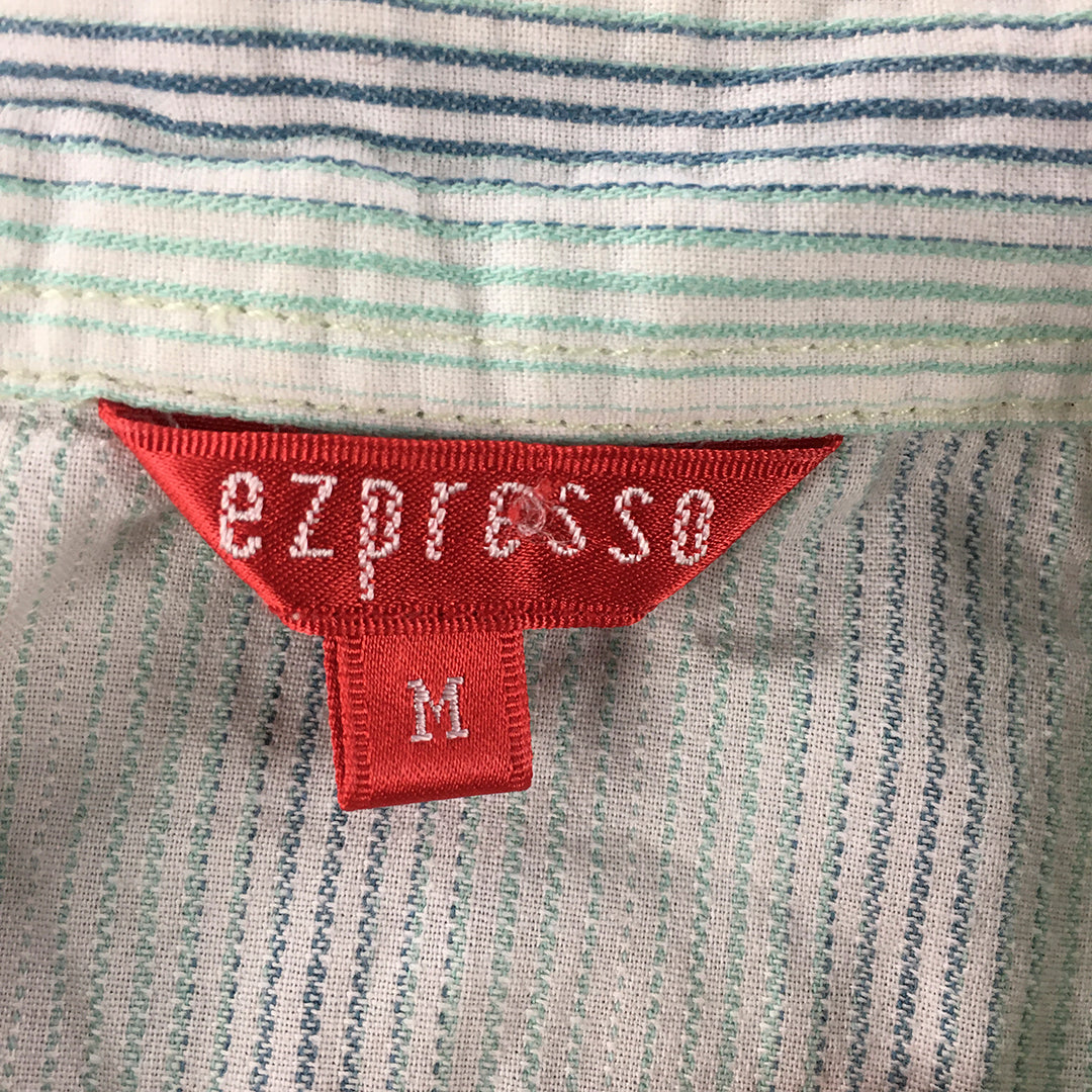 Ezpresso Womens Shirt Size M Green White Blue Striped Short Sleeve Button-Up