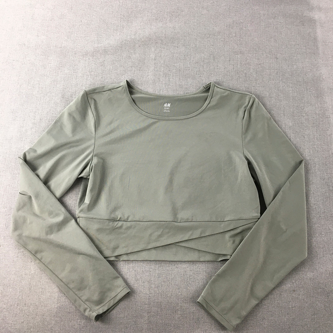 H&M Sport Womens Cropped Top Size L Green Long Sleeve Stretch Fabric Shirt