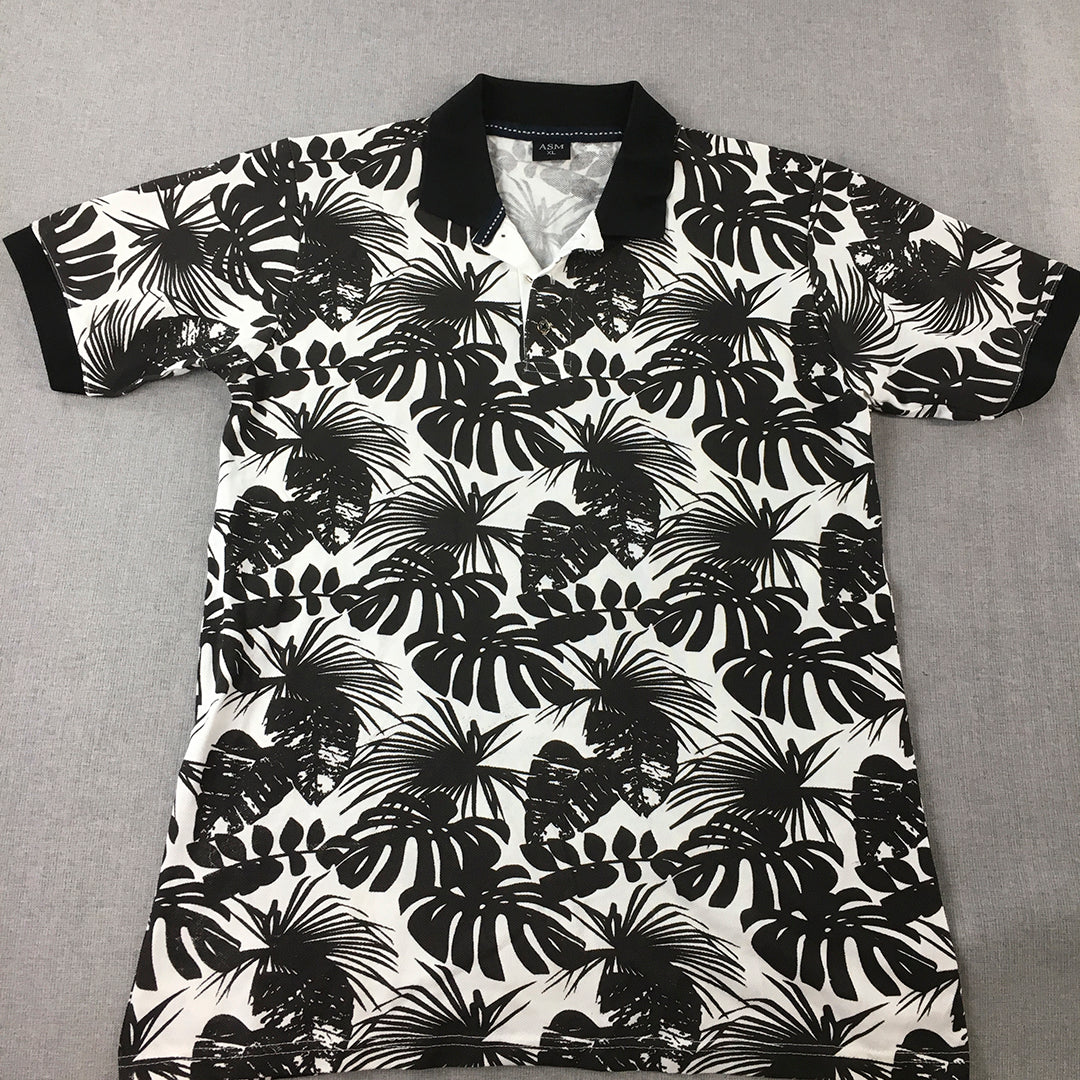 ASM Mens Polo Shirt Size XL Black White Hawaiian Palm Collared Rugby