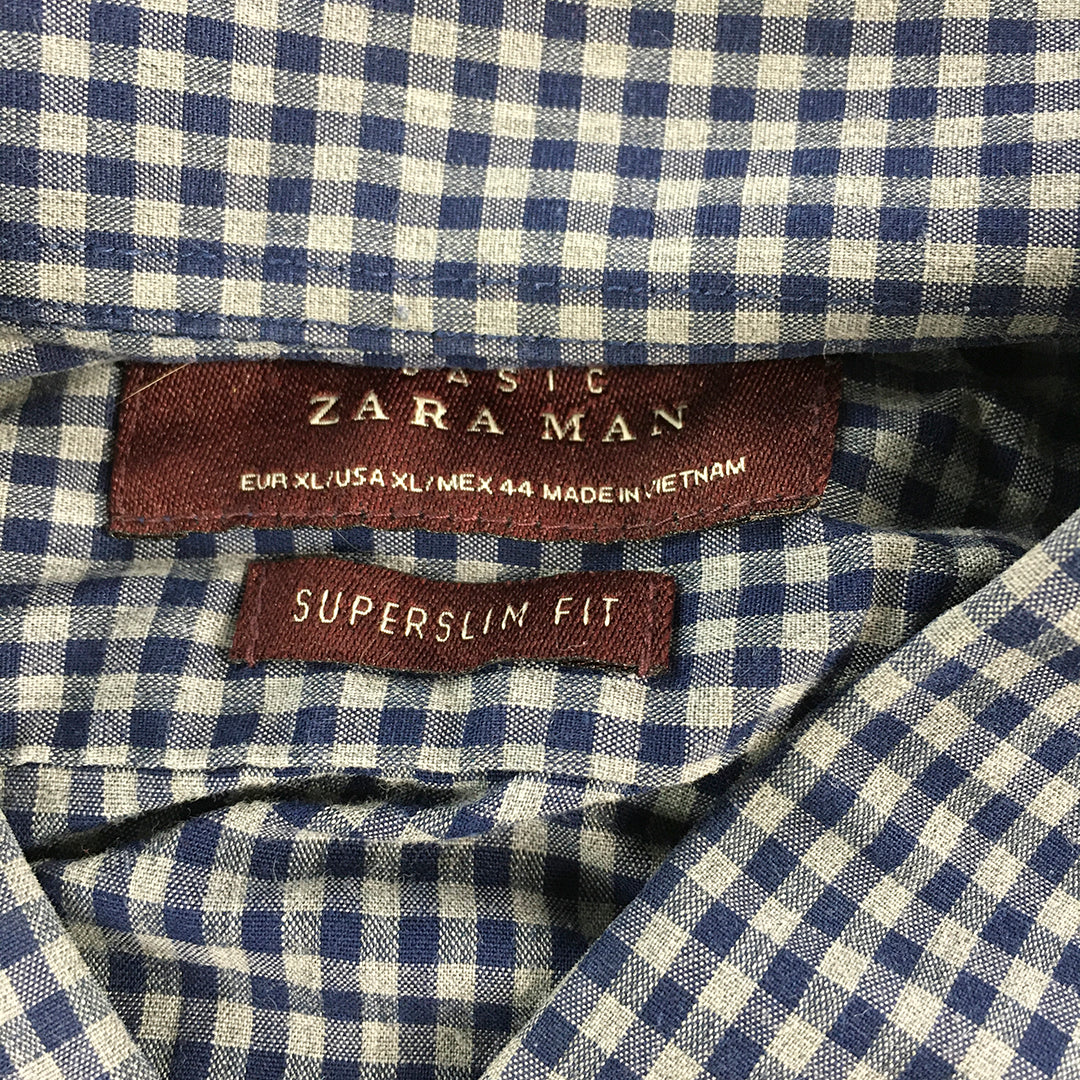 Zara Man Shirt Size XL Super Slim Fit Blue Grey Checkered Button-Up Long Sleeve