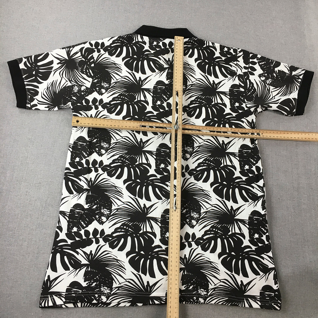 ASM Mens Polo Shirt Size XL Black White Hawaiian Palm Collared Rugby