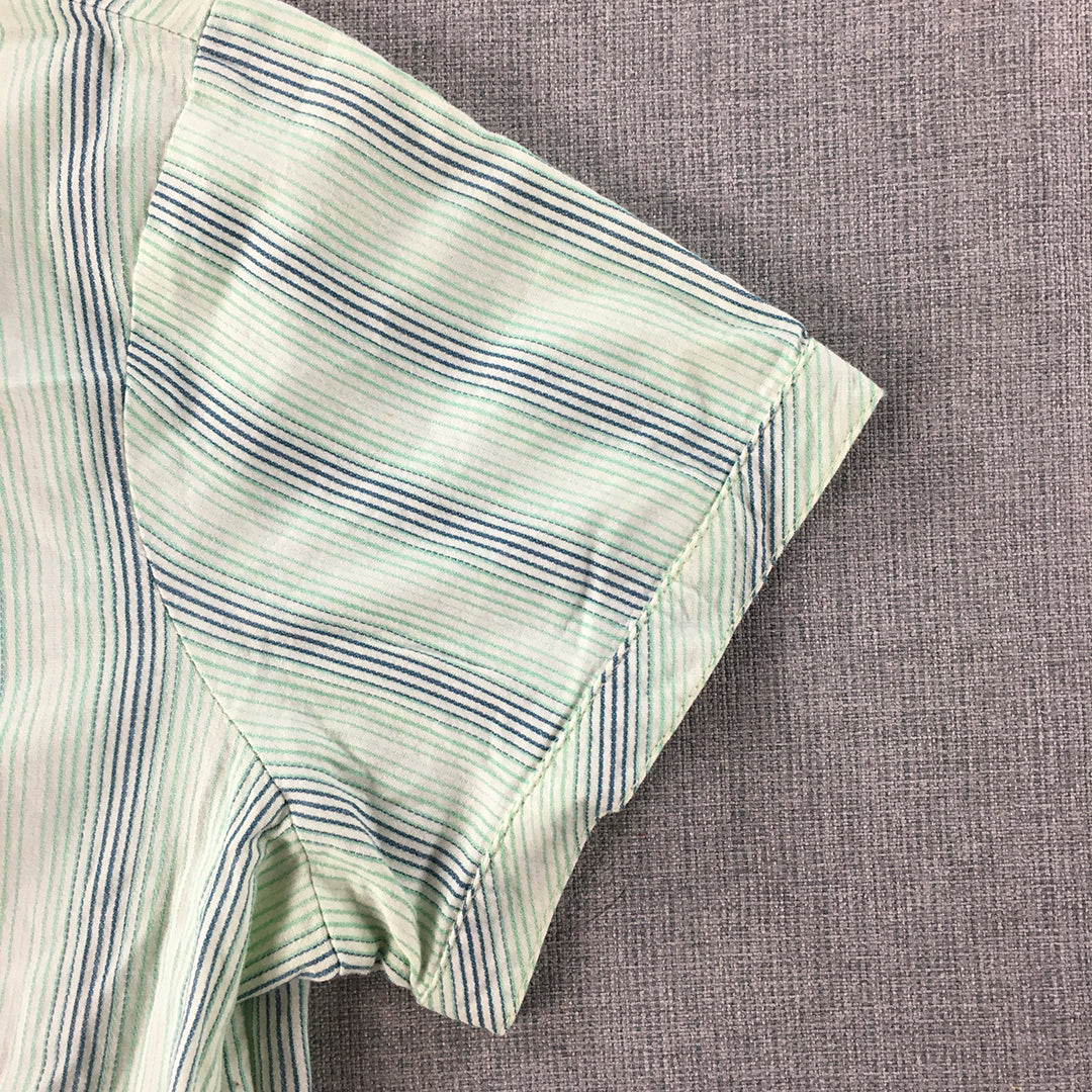 Ezpresso Womens Shirt Size M Green White Blue Striped Short Sleeve Button-Up