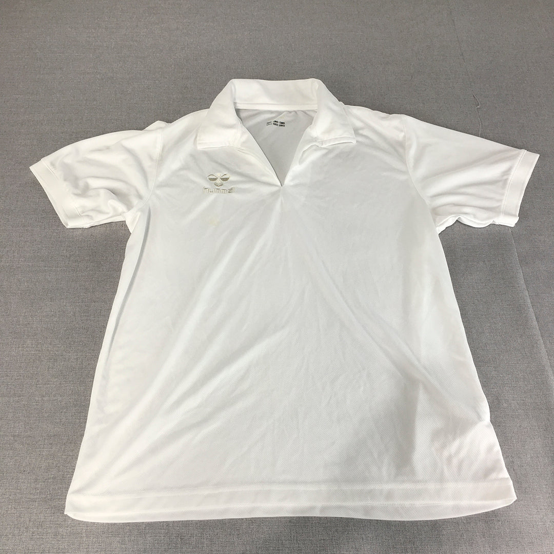 Humel Mens Polo Shirt Size L White Logo Collared Short Sleeve Rugby