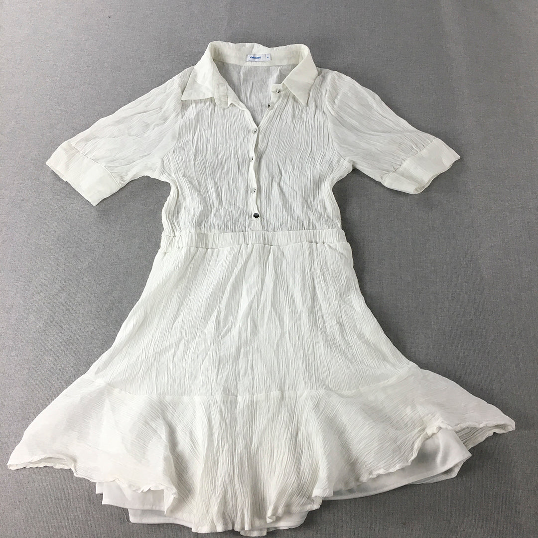 Valleygirl Womens Shirt Dress Size 10 White Mini Short Sleeve Fit Flare