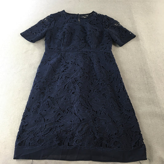 Hobbs London Womens Dress Size 12 Navy Blue Floral Lace Midi Fit Flare