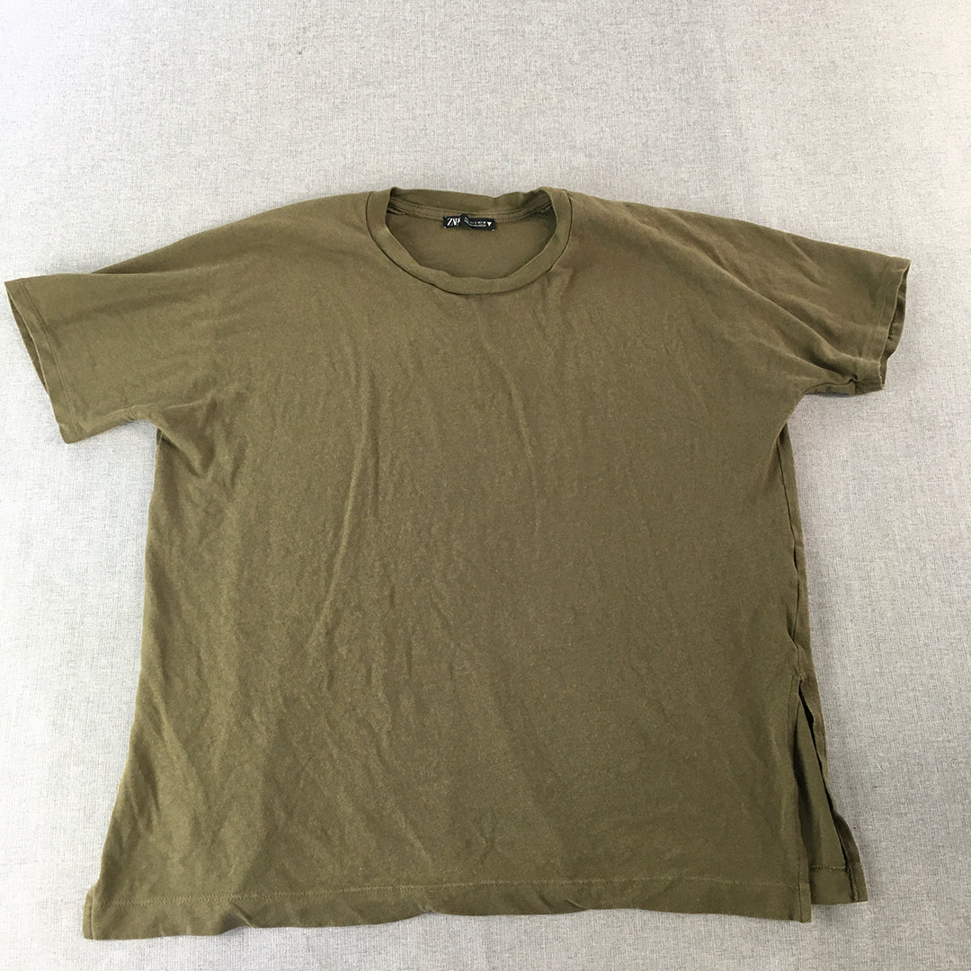 Zara Womens T-Shirt Size S Khaki Green Short Sleeve Crew Neck Top