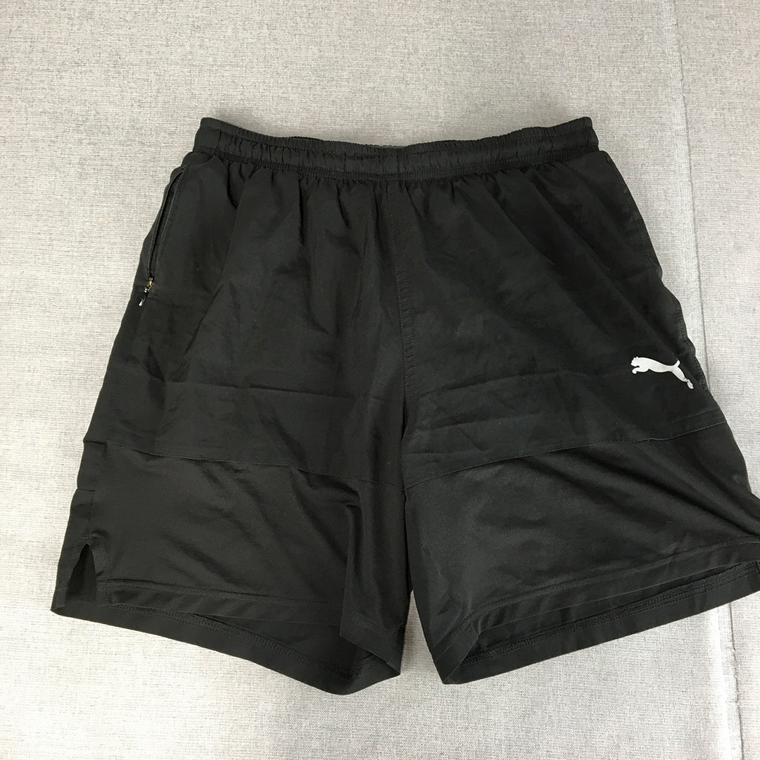 Puma Mens Shorts Size M Black Logo Zip Pockets Elastic Waist