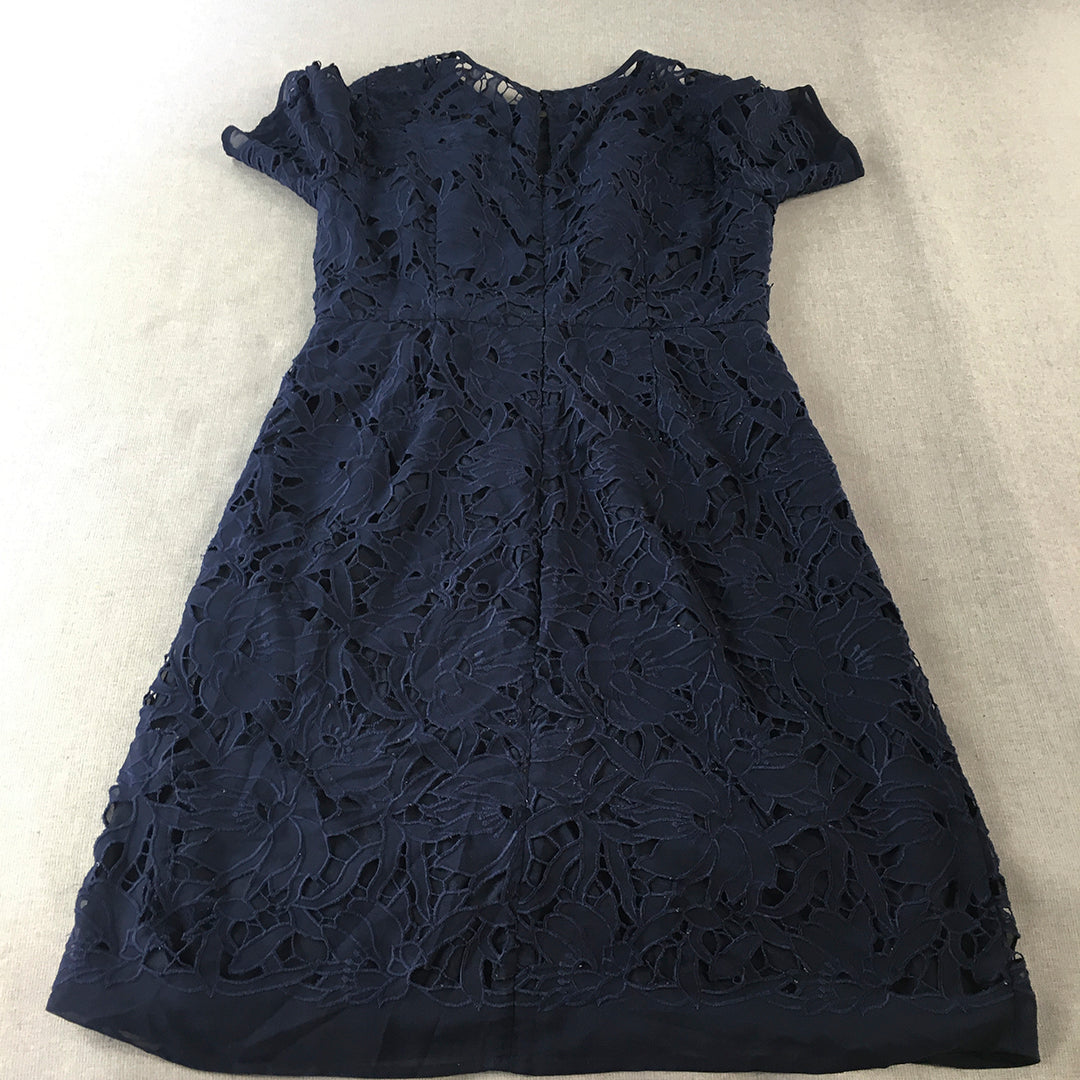 Hobbs London Womens Dress Size 12 Navy Blue Floral Lace Midi Fit Flare