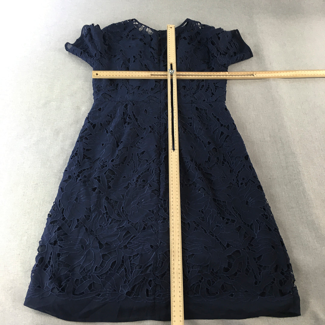 Hobbs London Womens Dress Size 12 Navy Blue Floral Lace Midi Fit Flare