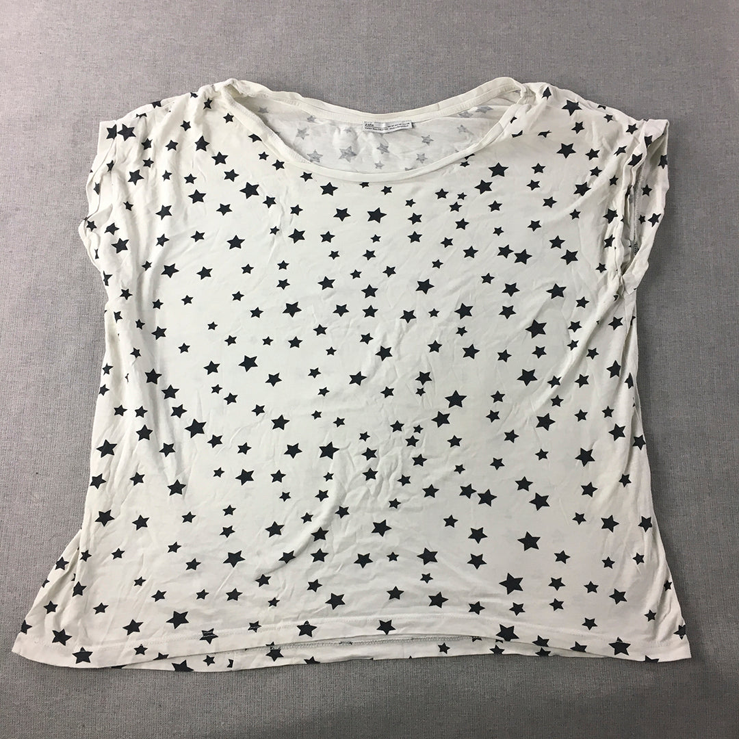 Zara Womens Top Size M White Star Pattern Short Sleeve Top Round Neck