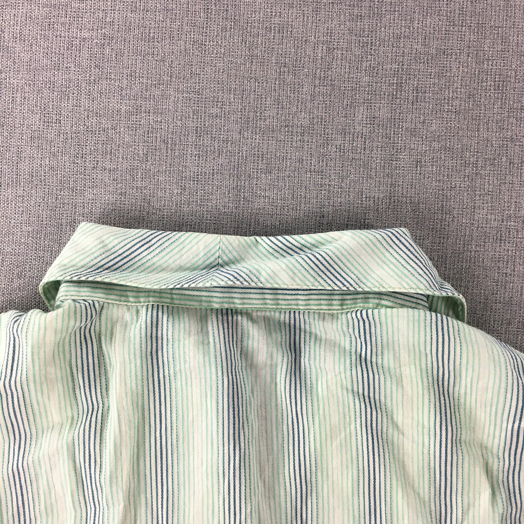 Ezpresso Womens Shirt Size M Green White Blue Striped Short Sleeve Button-Up