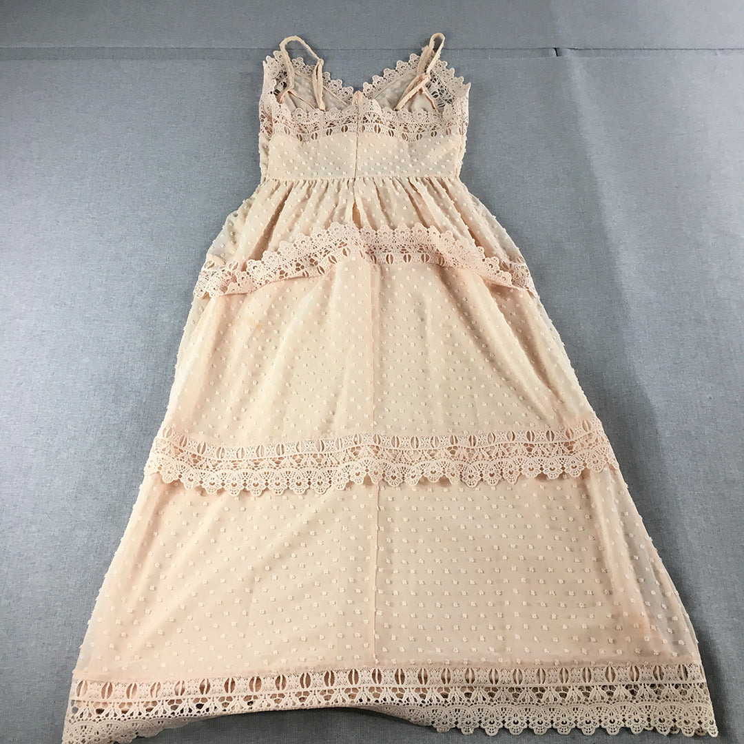 Vero Moda Womens Tiered Dress Size S Pink Floral Lace Midi Spaghetti Strap