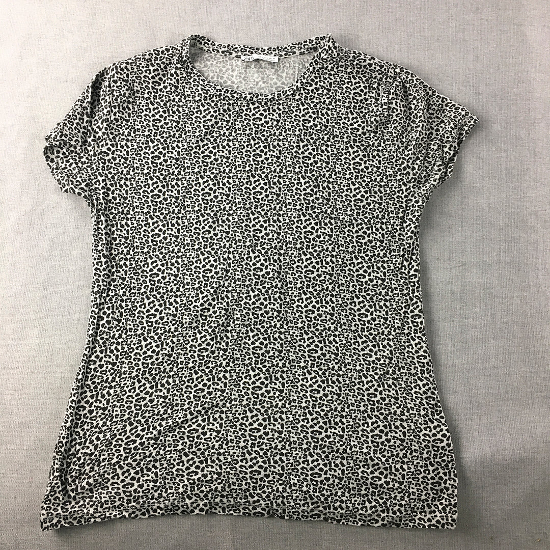 Zara Womens T-Shirt Size L Grey Cheetah Print Knit Short Sleeve Top