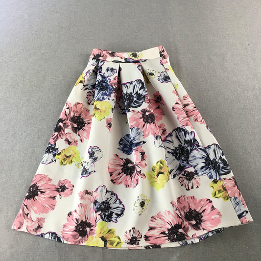 Boohoo Womens A-Line Skirt Size 10 White Pink Floral Pleated