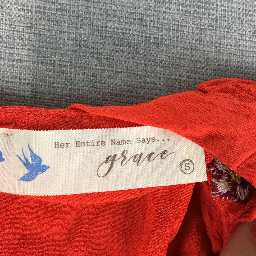 Her Entire Name Says Grace Womens Mini Dress Size S Orange Floral Embroidered