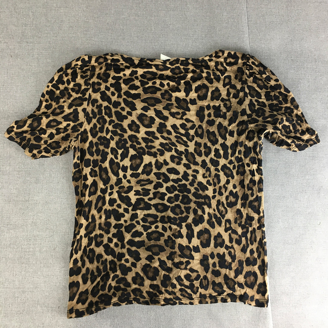 H&M Womens Top Size S Brown Leopard Print Short Sleeve Shirt