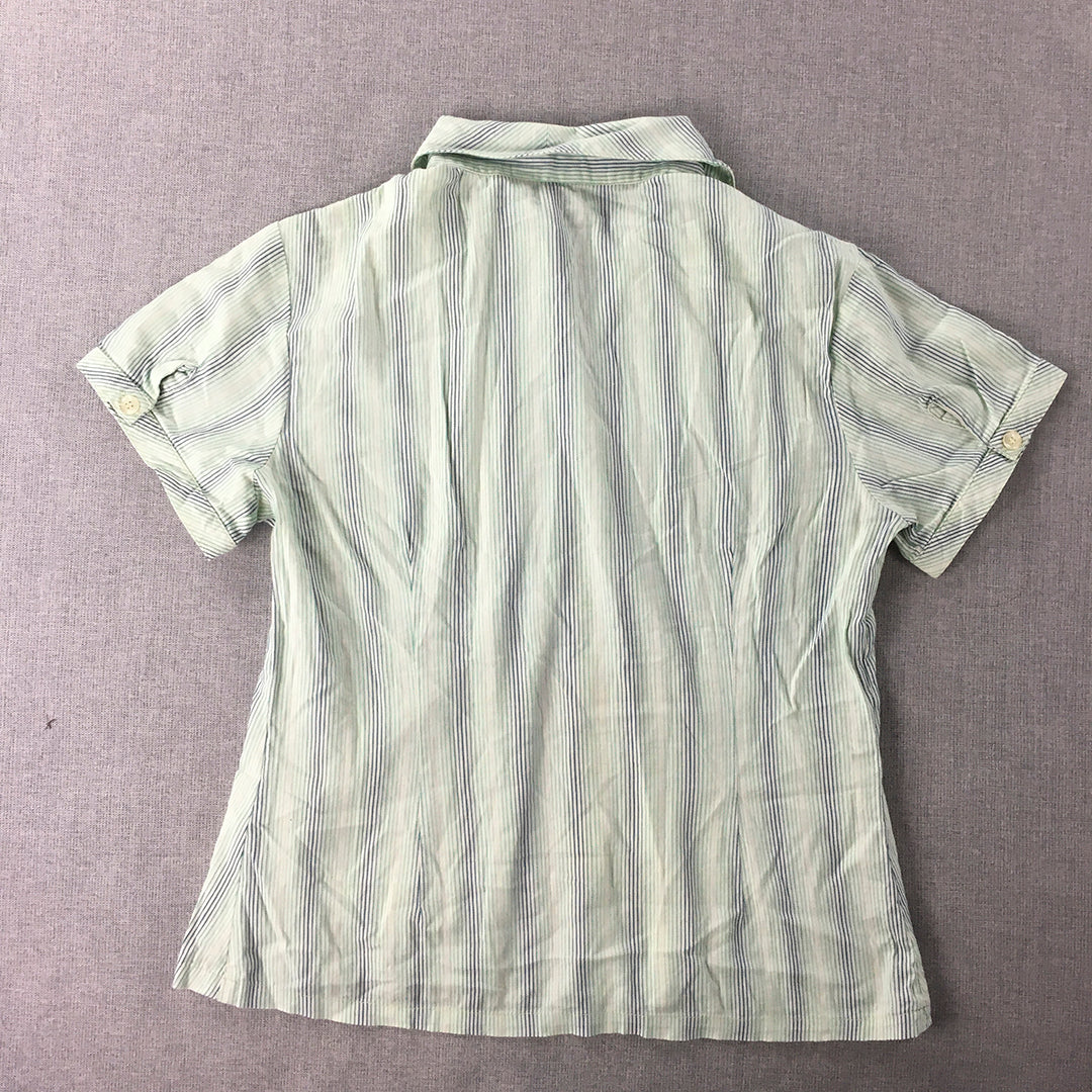 Ezpresso Womens Shirt Size M Green White Blue Striped Short Sleeve Button-Up