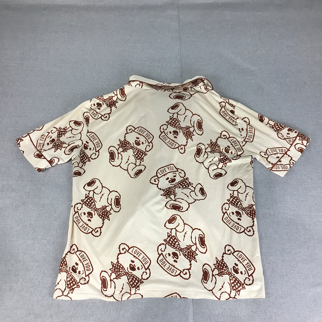 Valleygirl Womens Top Size L Cream Brown Teddy Bear Pattern Button-Up Shirt