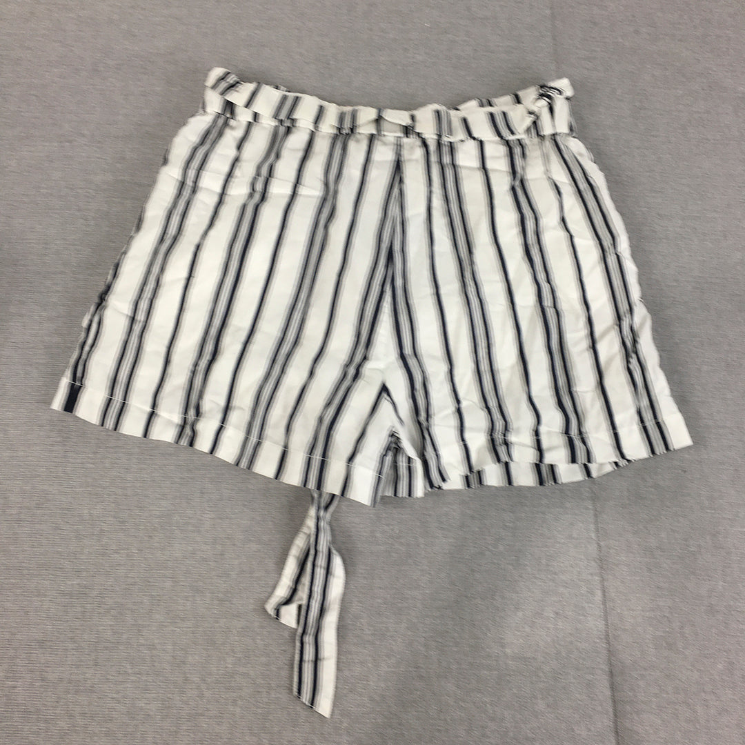 Forever New Womens Shorts Size 10 White Blue Striped Tie-Up Pockets