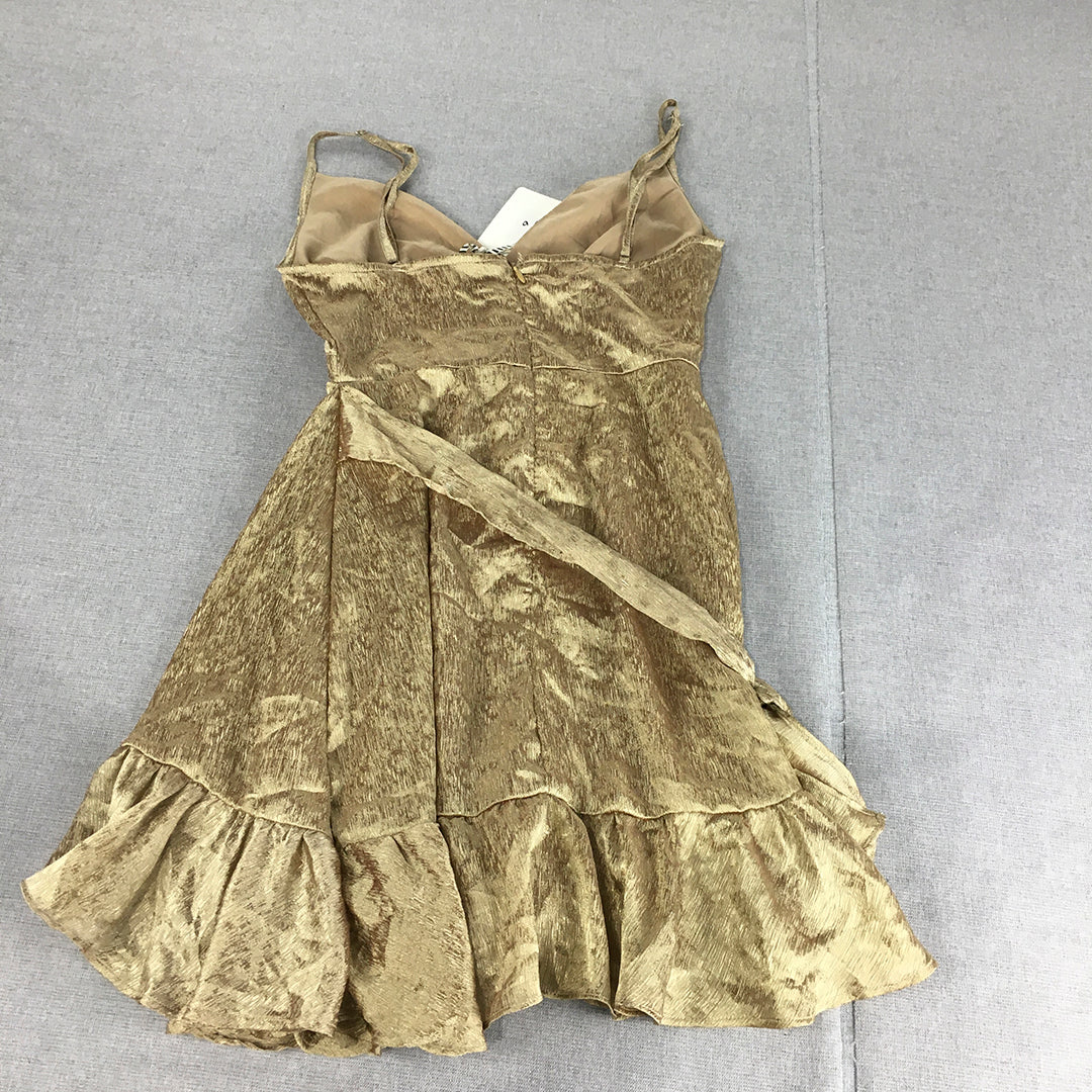 NEW Angel Biba Womens Mini Dress Size 6 Gold Wrap Sleeveless Fit Flare