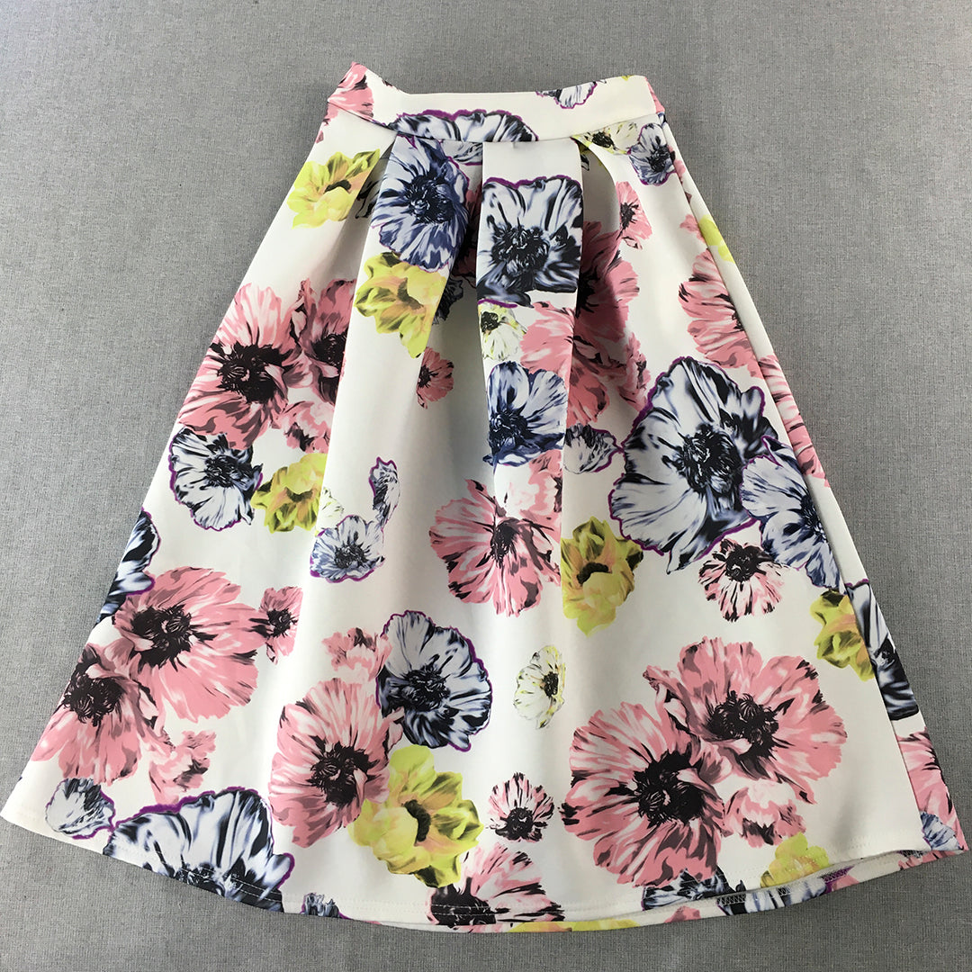 Boohoo Womens A-Line Skirt Size 10 White Pink Floral Pleated