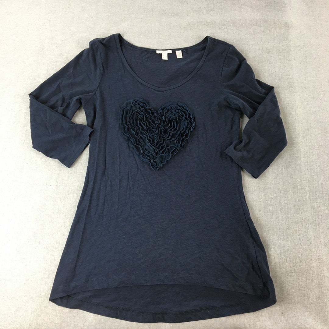 Esprit Womens Shirt Size L Navy Blue Ruffled Love Heart Long Sleeve Pullover