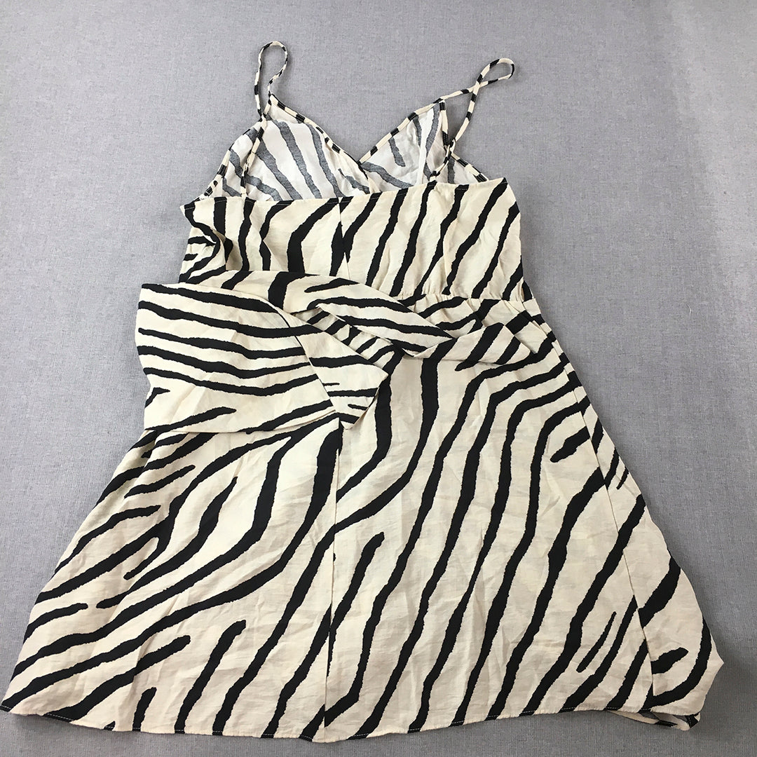 H&M Womens  Mini Dres XL Cream Beige & Black Zebra Striped Sleeveless Wrap