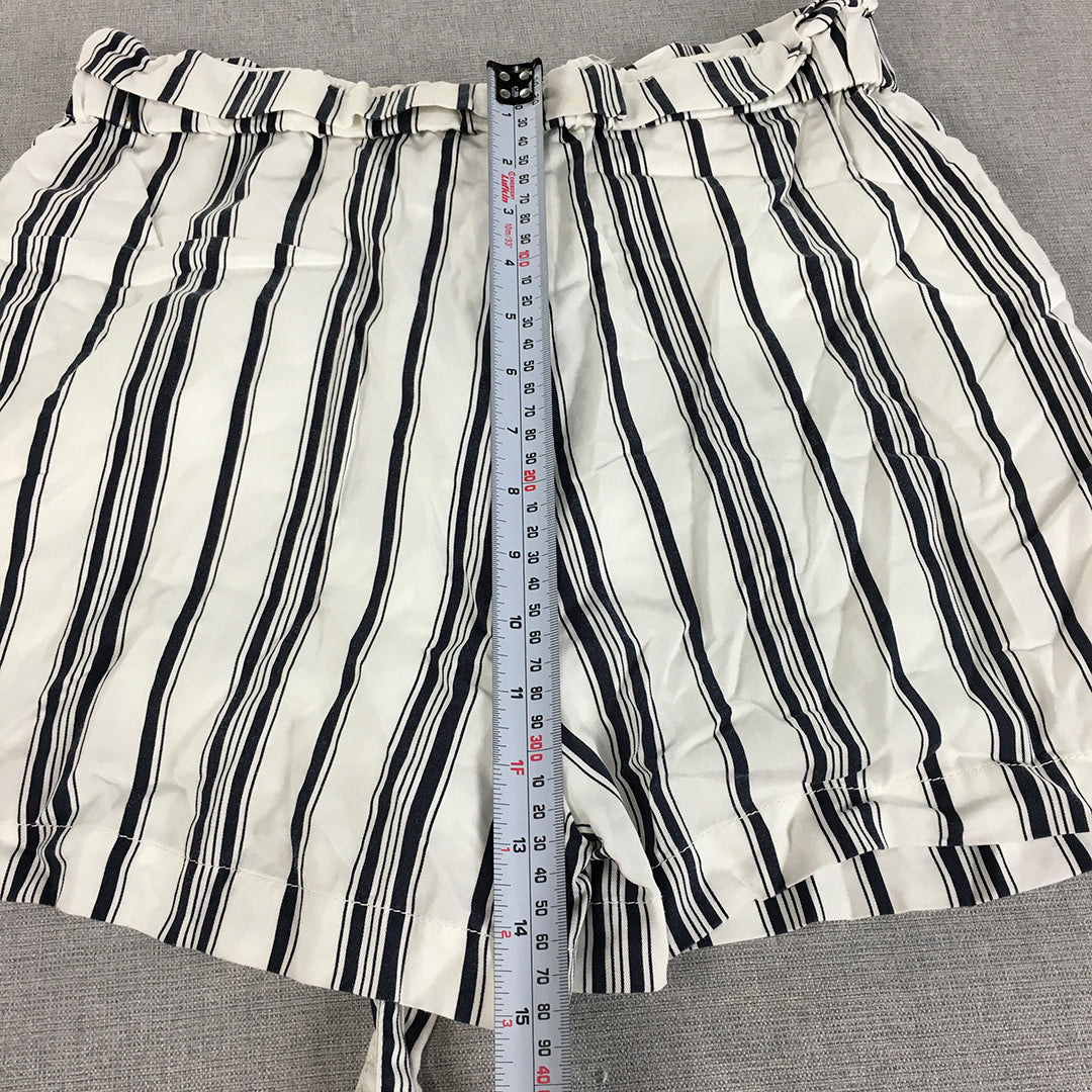 Forever New Womens Shorts Size 10 White Blue Striped Tie-Up Pockets