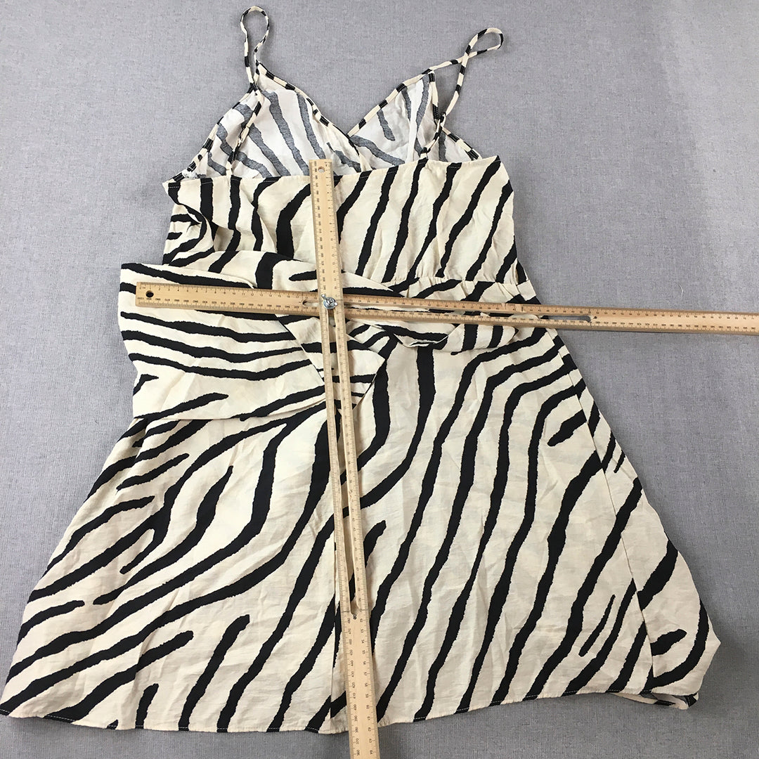 H&M Womens  Mini Dres XL Cream Beige & Black Zebra Striped Sleeveless Wrap