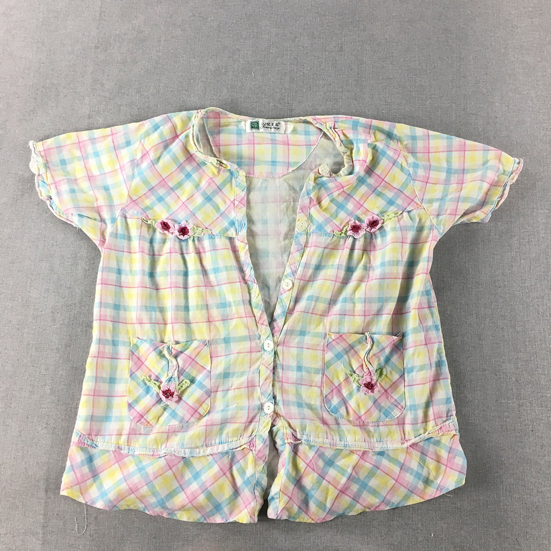 Yimei Womens Shirt Size L Pink Yellow White Checkered Button-Up Short Sleeve