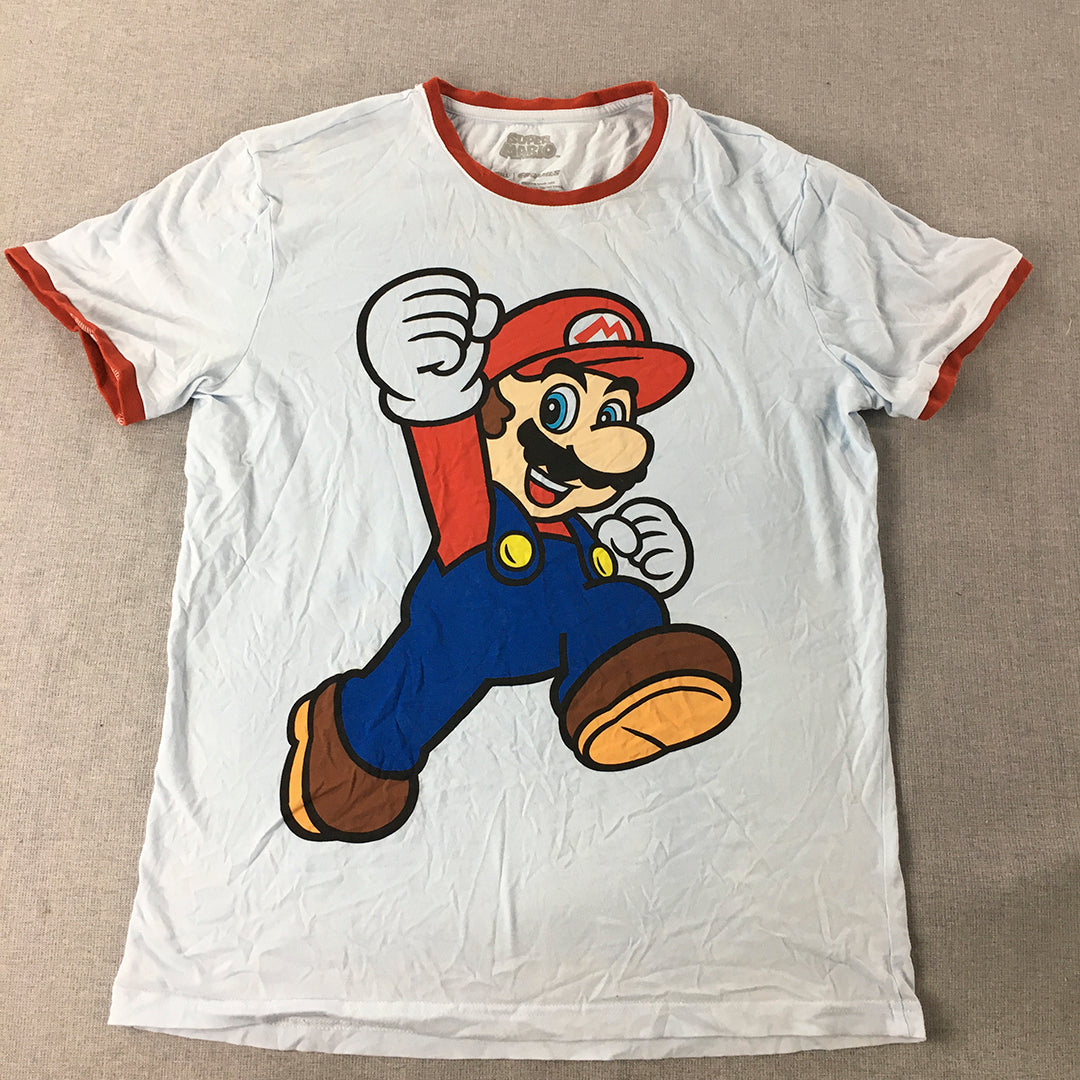 Super Mario Mens T-Shirt Size S Blue Nintendo EB Games Crew Neck Tee