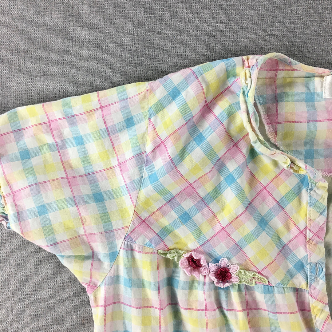 Yimei Womens Shirt Size L Pink Yellow White Checkered Button-Up Short Sleeve