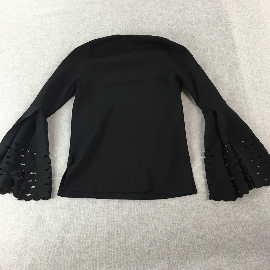 Forever New Womens Knit Top Size XS Black Flared Long Sleeves Round Neck