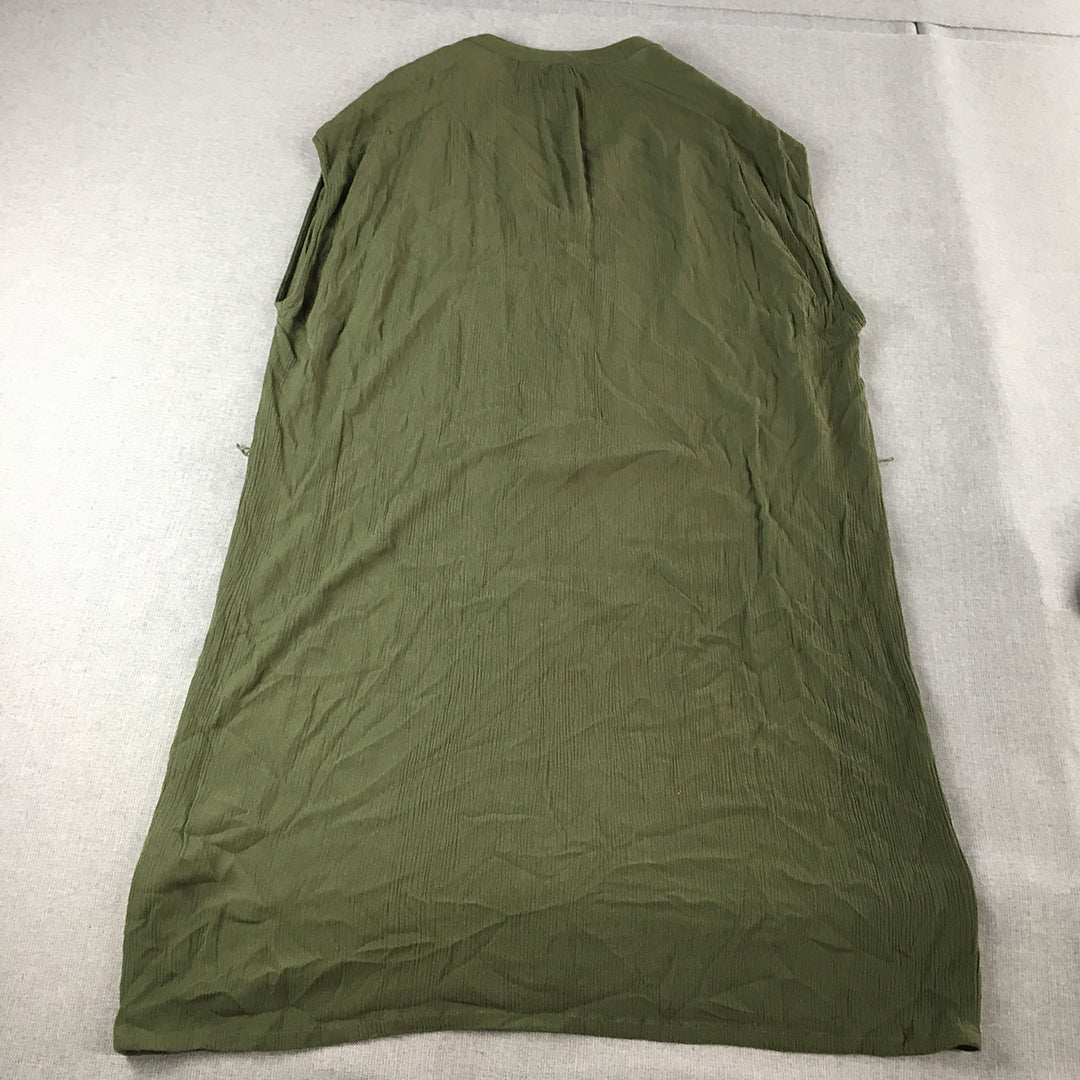 H&M Womens Shirt Dress Size 16 Khaki Green Midi Sleeveless Pleated