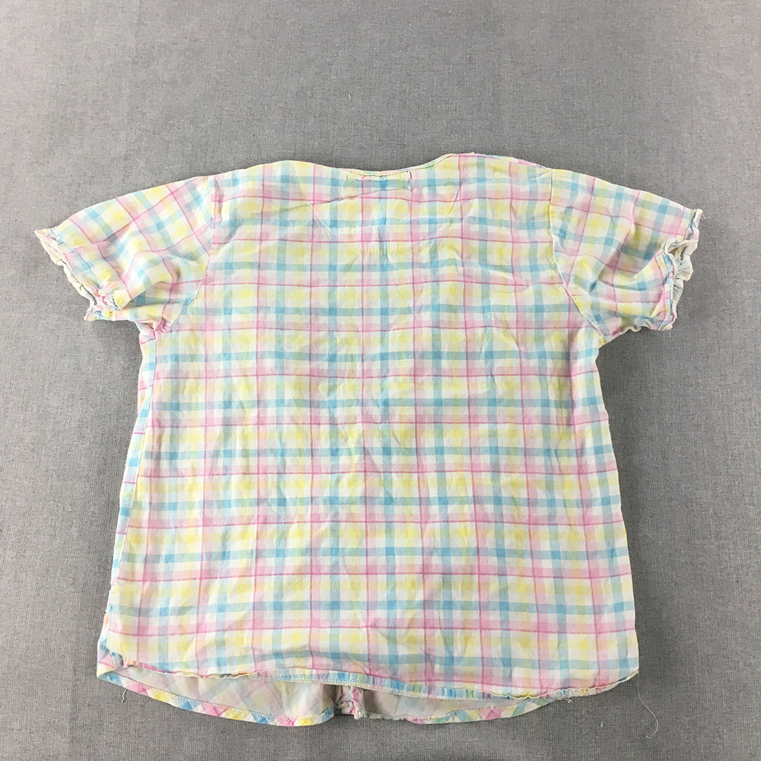 Yimei Womens Shirt Size L Pink Yellow White Checkered Button-Up Short Sleeve