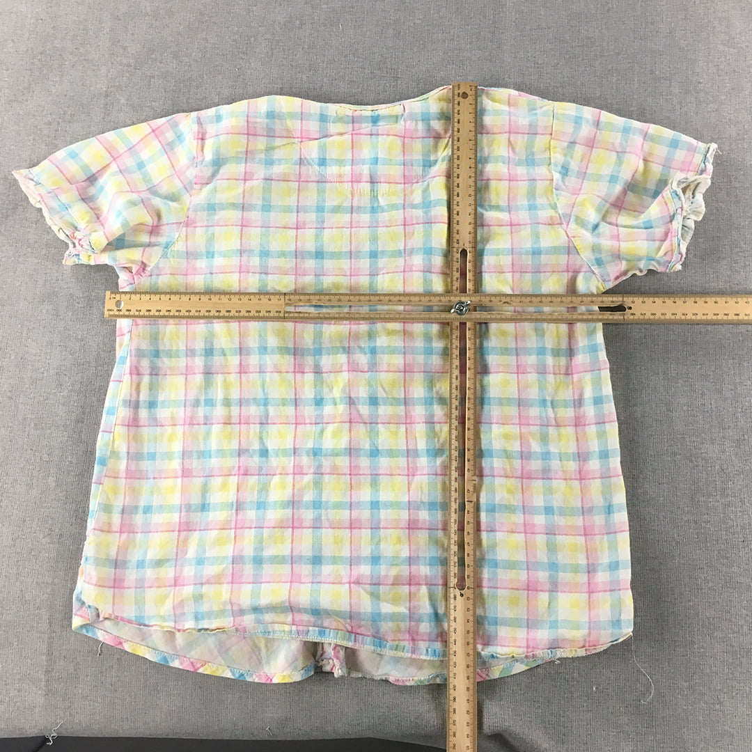 Yimei Womens Shirt Size L Pink Yellow White Checkered Button-Up Short Sleeve