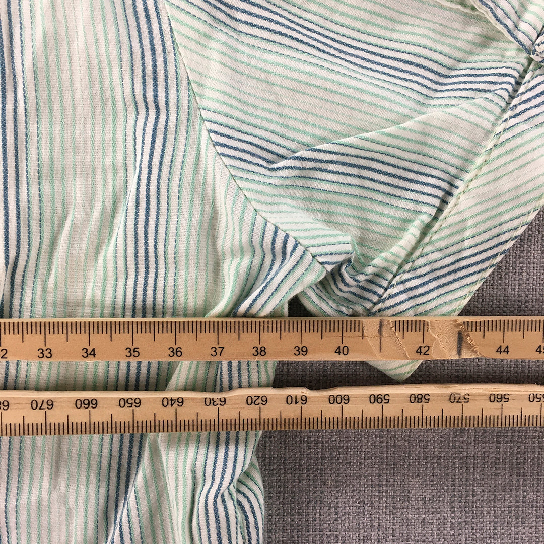 Ezpresso Womens Shirt Size M Green White Blue Striped Short Sleeve Button-Up