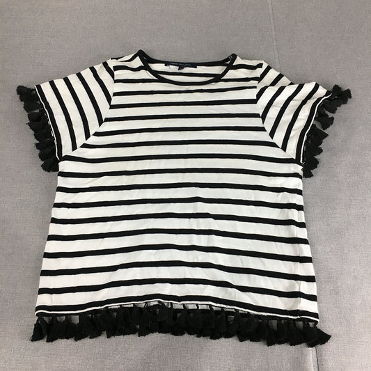 French Connection Womens Top Size S White Black Striped Frilled T-Shirt