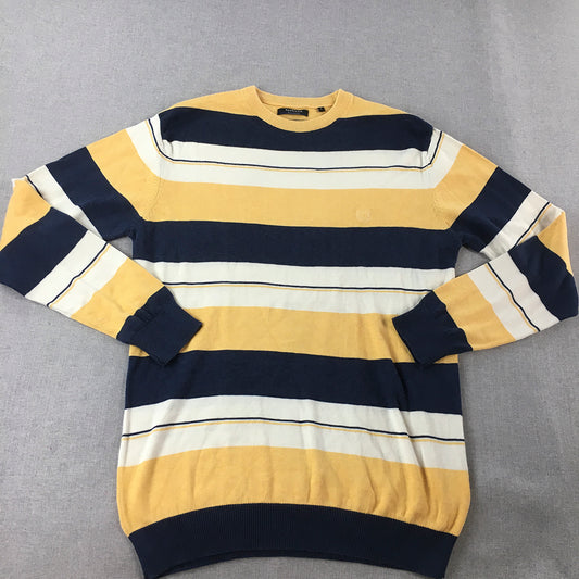 Van Heusen Mens Knit Sweater Size L Yellow Navy Striped Crew Neck Jumper