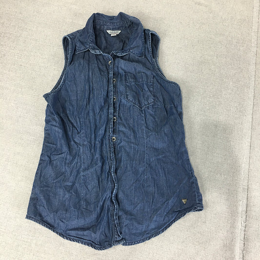 Guess Womens Denim Shirt Size XS Blue Sleeveless Pocket Button-Up Top