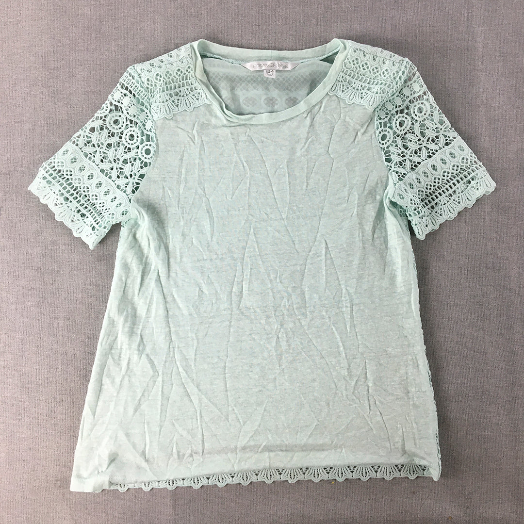 Forever New Womens Top Size 6 Light Blue Floral Lace Short Sleeve Shirt