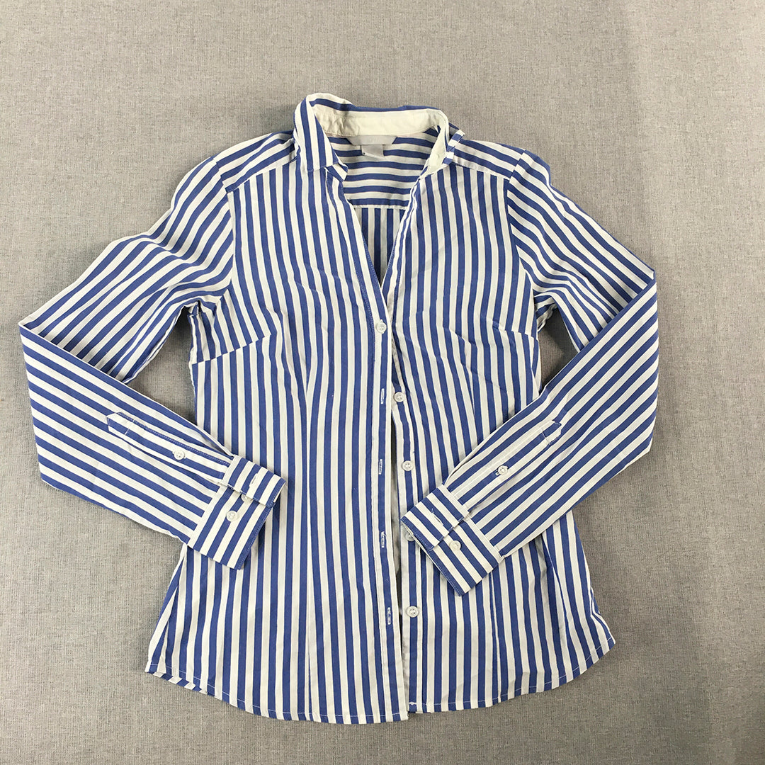 H&M Womens Shirt Size 4 Blue White Striped Long Sleeve Button-Up Collared